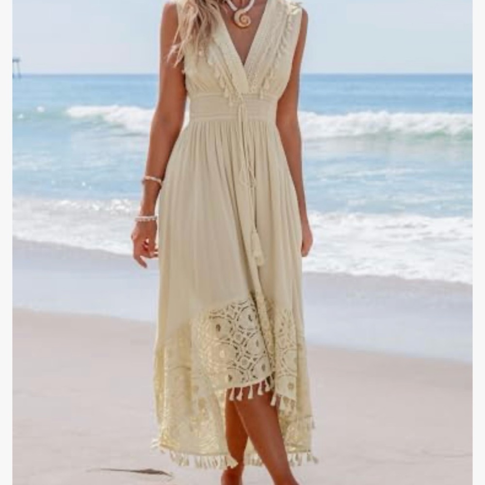 NWT Cupshe Boho Lace Trim Asymmetrical High-Low Sundress V-Neck - Picture 2 of 12